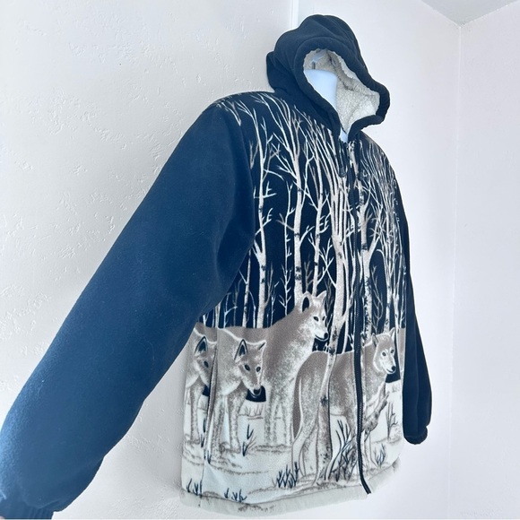 VICTORY RUGGED WEAR VTG 90s Sherpa Lined Fleece Wolf Nature AOP Jacket Men L EUC - Picture 3 of 13